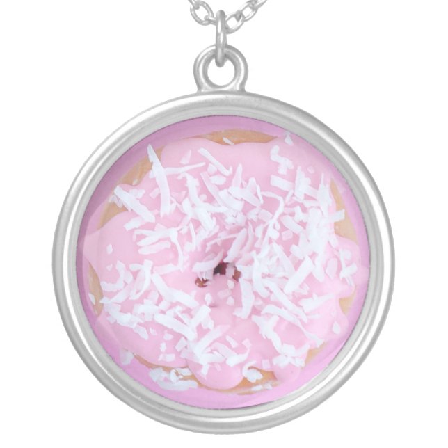 Pink frosted sprinkles doughnut cake cute silver plated necklace (Front)