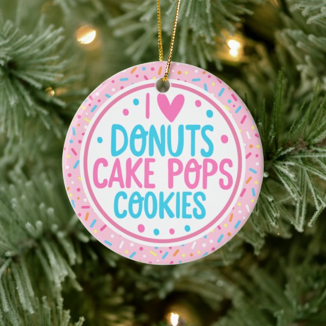Pink Frosted Sprinkles I Love Donuts Cake Pop Ceramic Ornament (Tree)