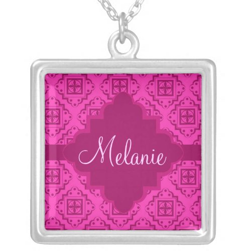 Pink Fuchsia Arabesque Moroccan Graphic Silver Plated Necklace