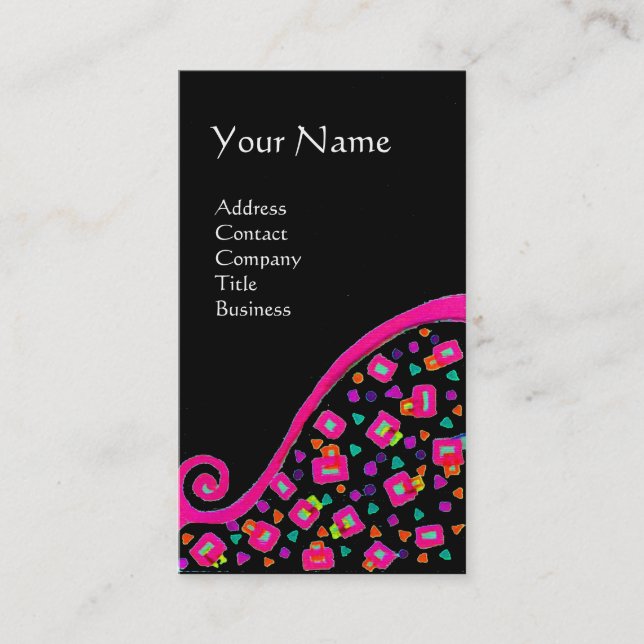 PINK FUCHSIA BLACK ABSTRACT DECO MONOGRAM BUSINESS CARD (Front)