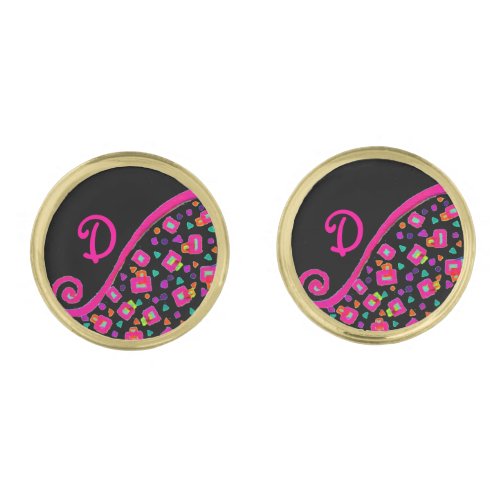 PINK FUCHSIA BLACK ABSTRACT DECO MONOGRAM CUFFLINKS