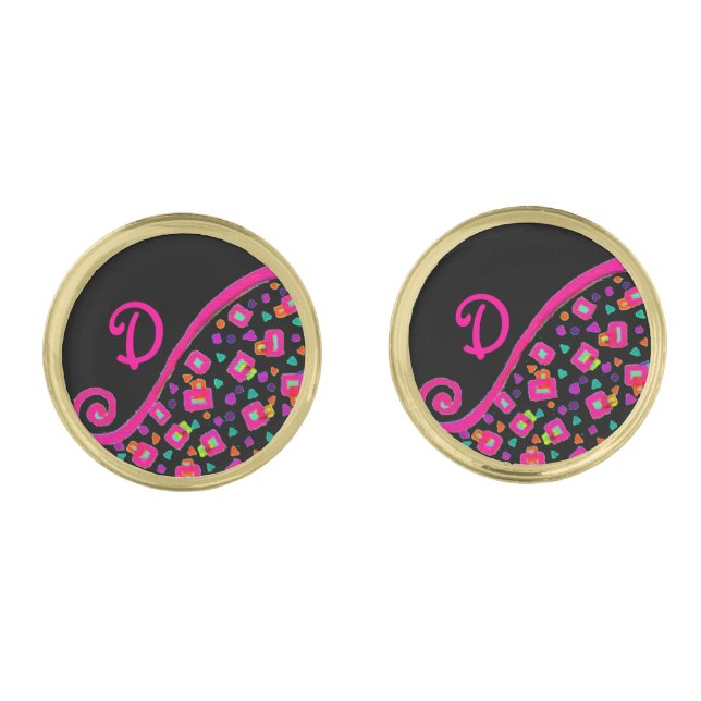 PINK FUCHSIA BLACK ABSTRACT DECO MONOGRAM CUFFLINKS (Front)