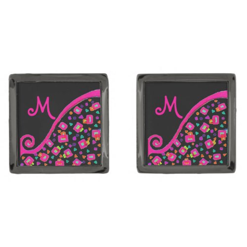 PINK FUCHSIA BLACK ABSTRACT DECO MONOGRAM CUFFLINKS