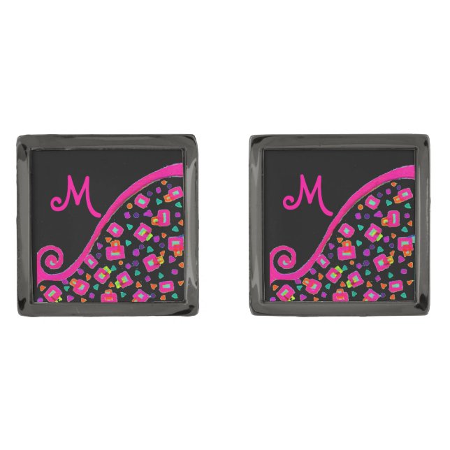 PINK FUCHSIA BLACK ABSTRACT DECO MONOGRAM CUFFLINKS (Front)