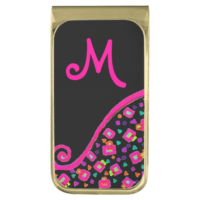PINK FUCHSIA BLACK ABSTRACT DECO MONOGRAM GOLD FINISH MONEY CLIP (Front Vertical)