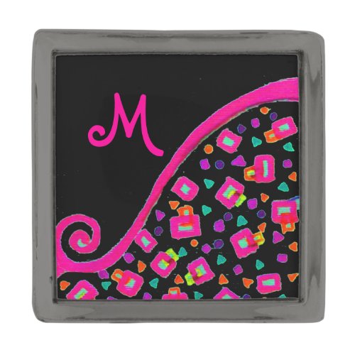 PINK FUCHSIA BLACK ABSTRACT DECO MONOGRAM GUNMETAL FINISH LAPEL PIN