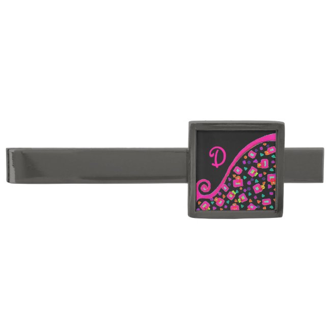PINK FUCHSIA BLACK ABSTRACT DECO MONOGRAM GUNMETAL FINISH TIE BAR (Front)