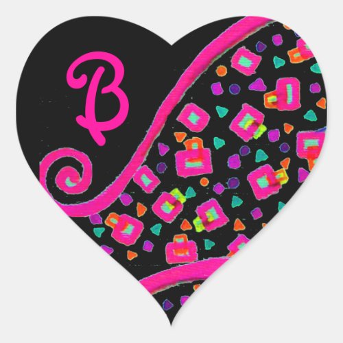 PINK FUCHSIA BLACK ABSTRACT DECO MONOGRAM HEART STICKER