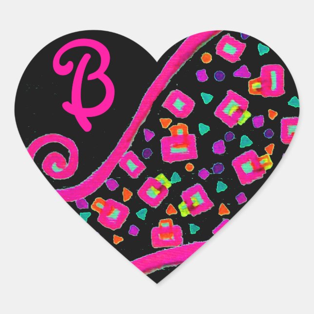 PINK FUCHSIA BLACK ABSTRACT DECO MONOGRAM HEART STICKER (Front)