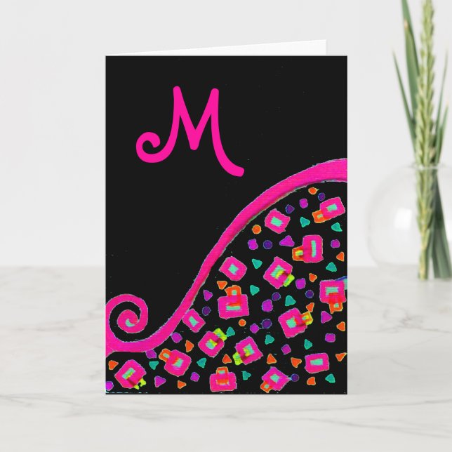 PINK FUCHSIA BLACK ABSTRACT DECO MONOGRAM HOLIDAY CARD (Front)