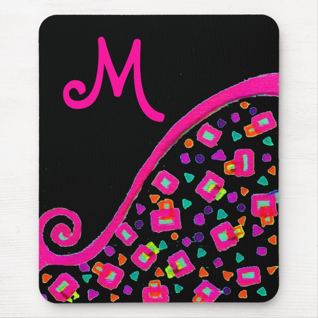 PINK FUCHSIA BLACK ABSTRACT DECO MONOGRAM MOUSE PAD (Front)