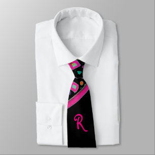 PINK FUCHSIA BLACK ABSTRACT DECO MONOGRAM NECK TIE