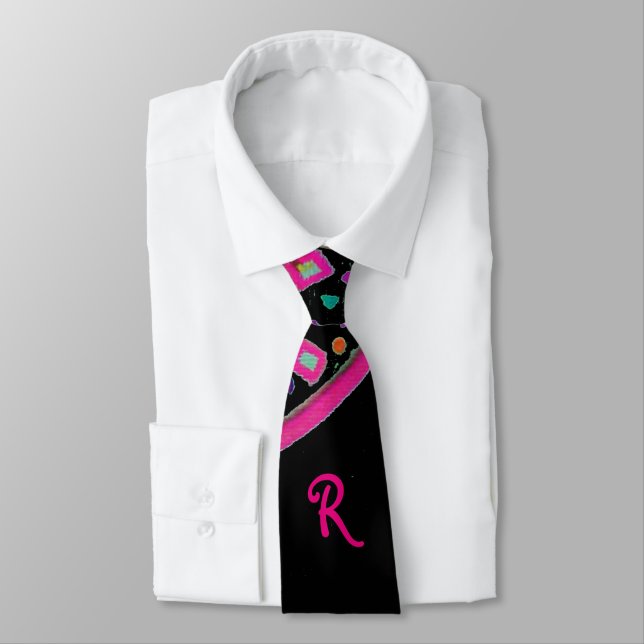 PINK FUCHSIA BLACK ABSTRACT DECO MONOGRAM NECK TIE (Tied)