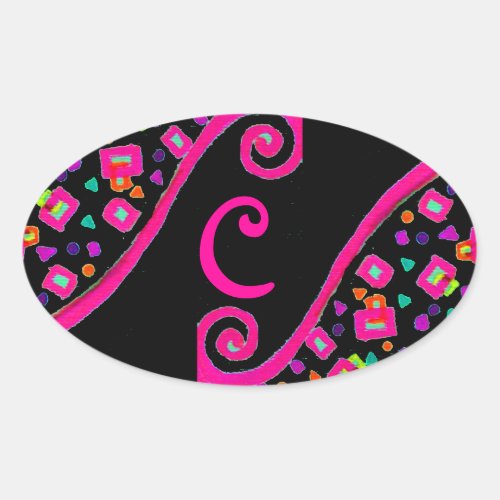 PINK FUCHSIA BLACK ABSTRACT DECO MONOGRAM OVAL STICKER