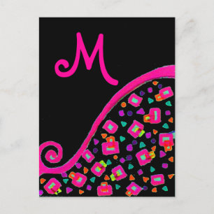 PINK FUCHSIA BLACK ABSTRACT DECO MONOGRAM POSTCARD