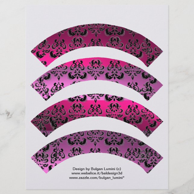 PINK  FUCHSIA BLACK DAMASK CUPCAKE LINER CUTOUT (Front)
