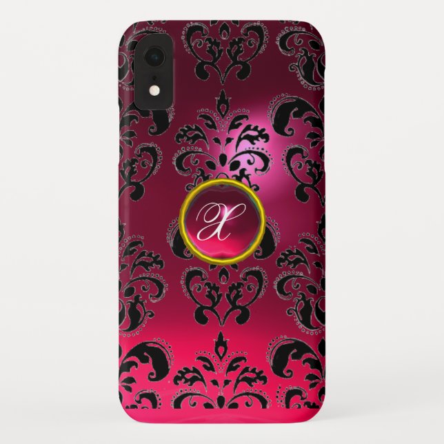 PINK FUCHSIA BLACK DAMASK GEM MONOGRAM Case-Mate iPhone CASE (Back)