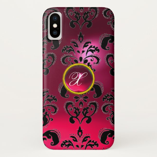 PINK FUCHSIA BLACK DAMASK GEMSTONE MONOGRAM Case-Mate iPhone CASE (Back)