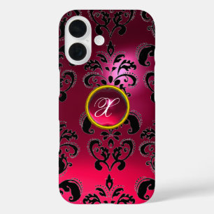 PINK FUCHSIA BLACK DAMASK GEMSTONE MONOGRAM iPhone 16 CASE