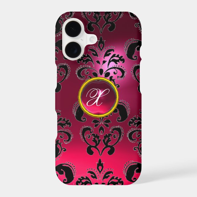 PINK FUCHSIA BLACK DAMASK GEMSTONE MONOGRAM IPHONE CASE (Back)