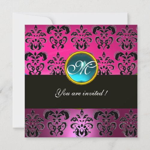 PINK FUCHSIA BLACK DAMASK MONOGRAMblue aquamarine Invitation