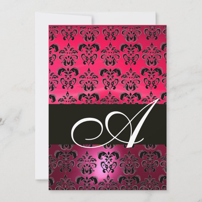 PINK FUCHSIA  BLACK  DAMASK MONOGRAM ,bright white Invitation (Front)