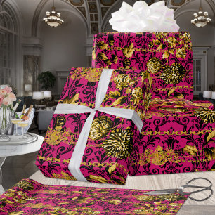 Pink Fuchsia Black Gold Floral Acanthus Gold Chain Wrapping Paper