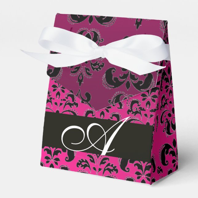 PINK, FUCHSIA BLACK,PURPLE DAMASK WEDDING MONOGRAM FAVOR BOXES (Front Side)