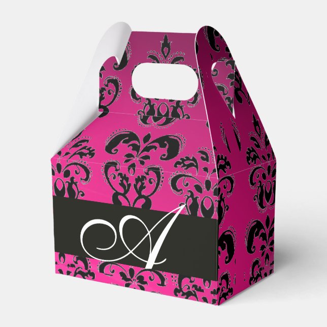 PINK, FUCHSIA BLACK,PURPLE DAMASK WHITE MONOGRAM FAVOR BOXES (Front Side)