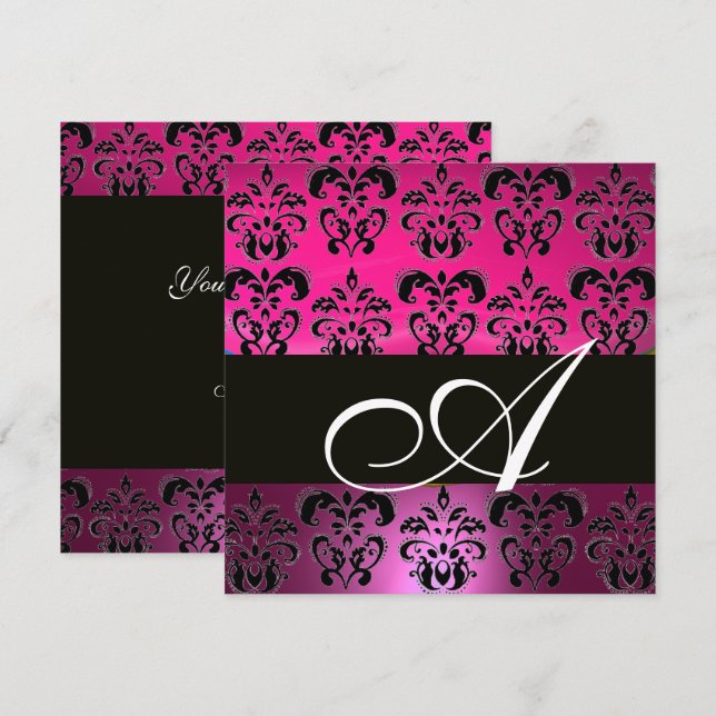 PINK, FUCHSIA BLACK,PURPLE DAMASK WHITE MONOGRAM INVITATION (Front/Back)