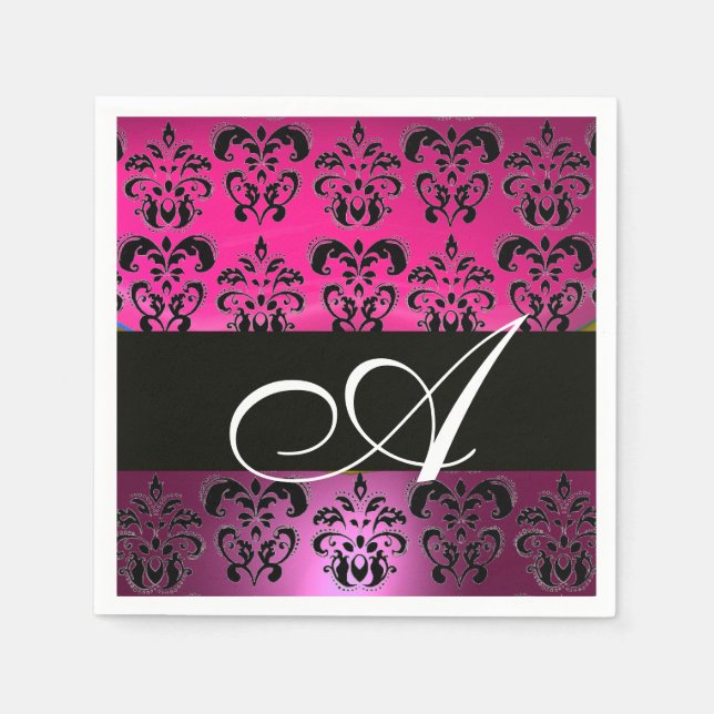 PINK, FUCHSIA BLACK,PURPLE DAMASK WHITE MONOGRAM NAPKINS (Front)