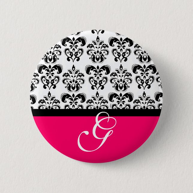 PINK FUCHSIA BLACK WHITE DAMASK WEDDING MONOGRAM PINBACK BUTTON (Front)