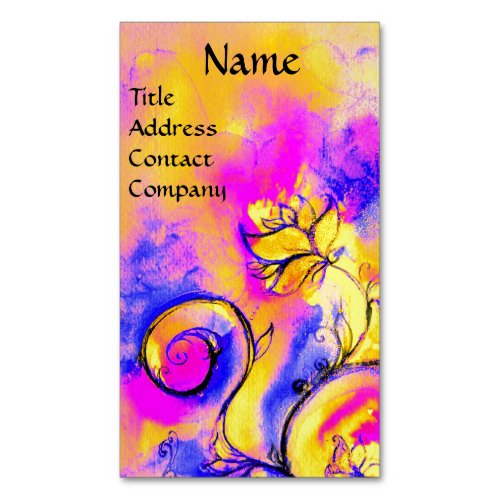 PINK FUCHSIA BLUE YELLOW WHIMSICAL FLOWERS BUSINESS CARD MAGNET