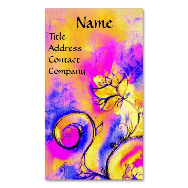 PINK FUCHSIA BLUE YELLOW WHIMSICAL FLOWERS BUSINESS CARD MAGNET (Front Vertical)