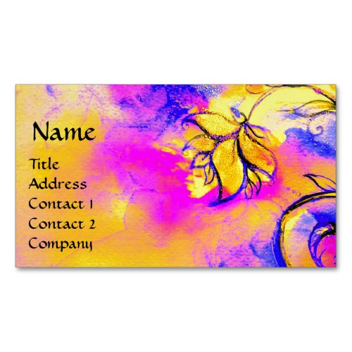 PINK FUCHSIA  BLUE YELLOW WHIMSICAL FLOWERS MAGNETIC BUSINESS CARD