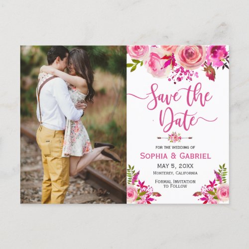 Pink Fuchsia Botanical Floral  Save the Date Photo Announcement Postcard