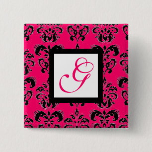 PINK FUCHSIA DAMASK WHITE SQUARE MONOGRAM PINBACK BUTTON