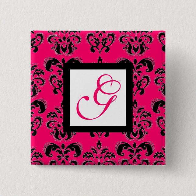 PINK FUCHSIA DAMASK WHITE SQUARE MONOGRAM PINBACK BUTTON (Front)