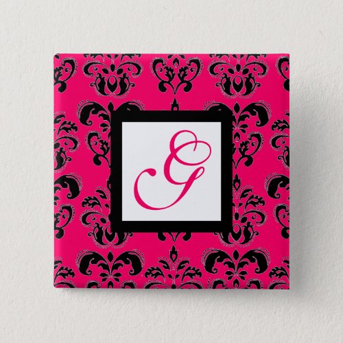 PINK FUCHSIA DAMASK WHITE SQUARE MONOGRAM PINBACK BUTTON