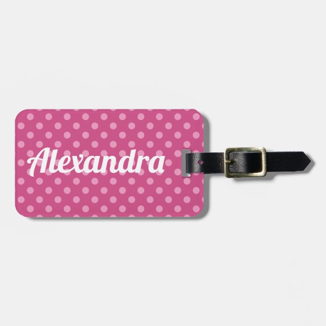 Pink fuchsia dots luggage tag with name (Front Horizontal)