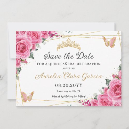 Pink Fuchsia Floral Gold Quinceanera Sweet Sixteen Save The Date