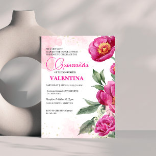 Pink Fuchsia Floral Gold Watercolor Quinceañera Invitation