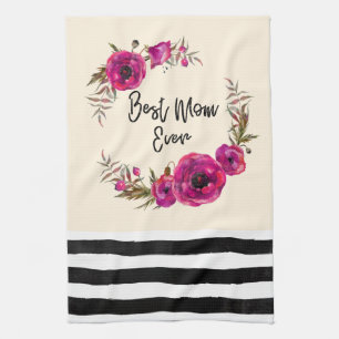 Pink Fuchsia Floral Poppies Wreath  Best Mom Ever Kitchen Towel