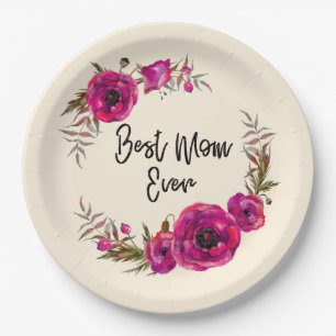 Pink Fuchsia Floral Poppies Wreath Best Mom Ever Paper Plates