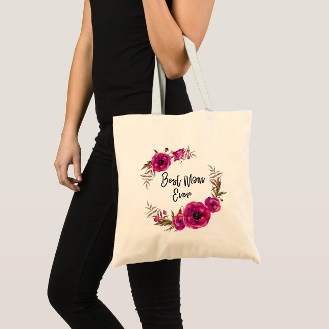 Pink Fuchsia Floral Poppies Wreath  Best Mom Ever Tote Bag (Front (Product))