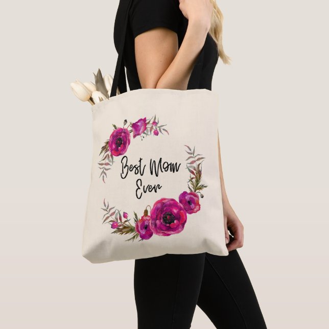 Pink Fuchsia Floral Poppies Wreath  Best Mom Ever Tote Bag (Close Up)