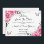 Pink Fuchsia Floral Silver Quinceanera XV Sweet 16 Save The Date<br><div class="desc">Personalize this lovely quinceañera save the date with your own details and wording easily and quickly. Simply click the "Edit Using Design Tool" button to modify the text, wording, font style, font size, and font color. You can also add or remove text, and move or remove images. The butterflies and...</div>