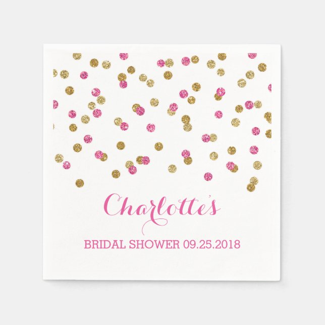 Pink Fuchsia Gold Confetti Bridal Shower Paper Napkins (Front)
