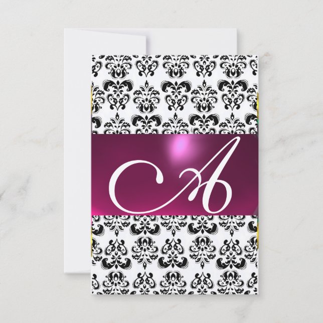 PINK FUCHSIA GOLD DAMASK GEM MONOGRAM purple rsvp Invitation (Front)