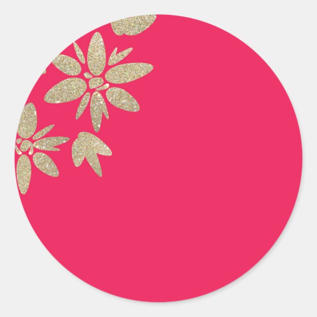 Pink fuchsia invitation with gold sparkle flowers classic round sticker (Front)